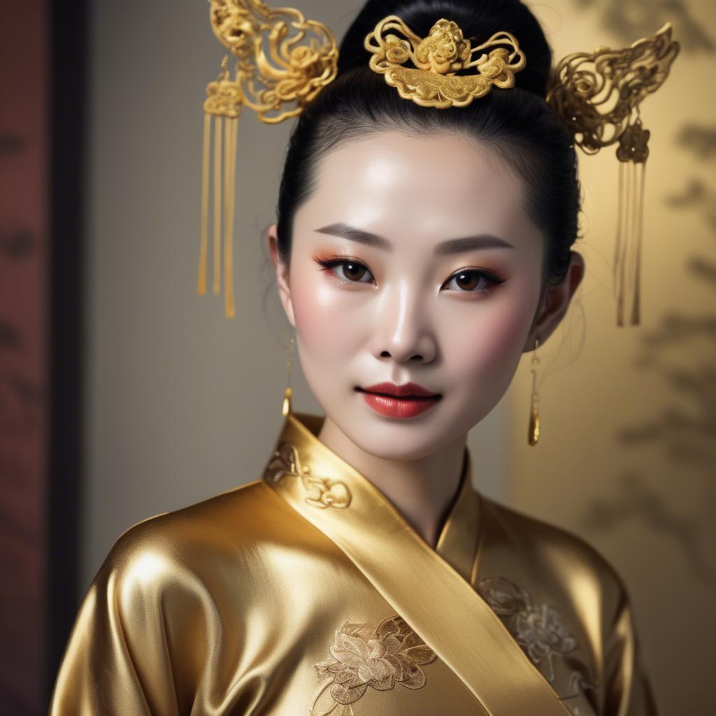 A stunning image of chinese woman in golden fabric highlights.