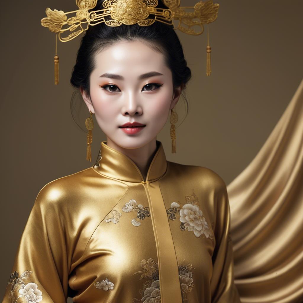A stunning image of chinese woman in golden fabric highlights.
