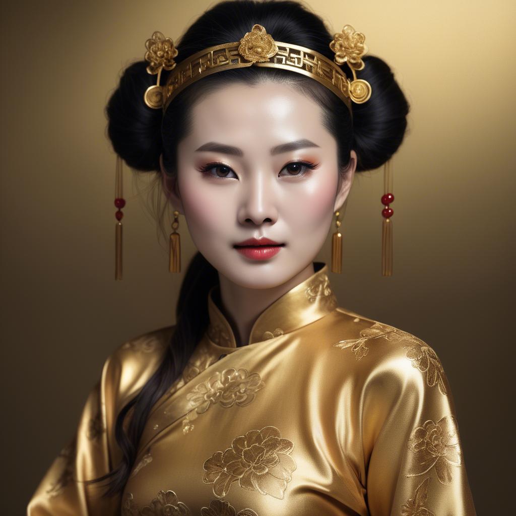 A stunning image of chinese woman in golden fabric highlights.