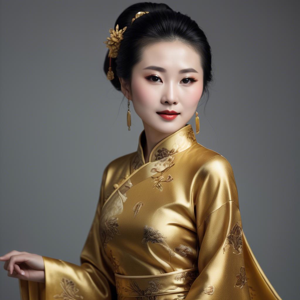A stunning image of chinese woman in golden fabric highlights.