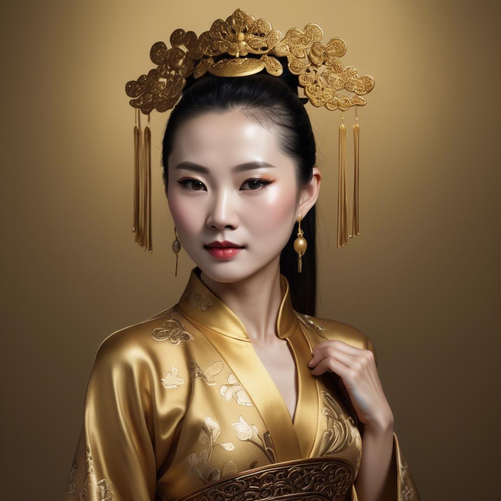 A stunning image of chinese woman in golden fabric highlights.