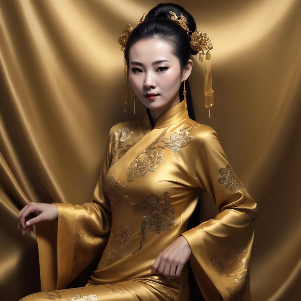 A stunning image of chinese woman in golden fabric highlights.