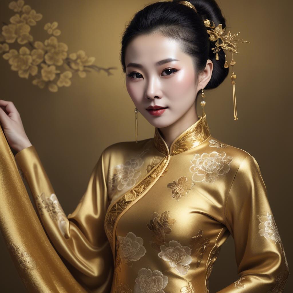 A stunning image of chinese woman in golden fabric highlights.