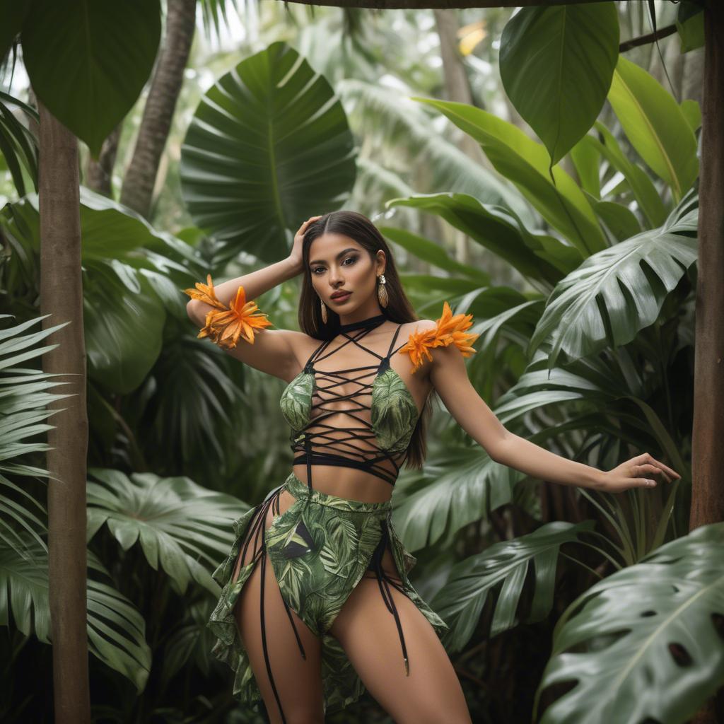 A stunning image of colombian beauty wearing a strappy dance-inspired outfit framed by tropical vegetation.