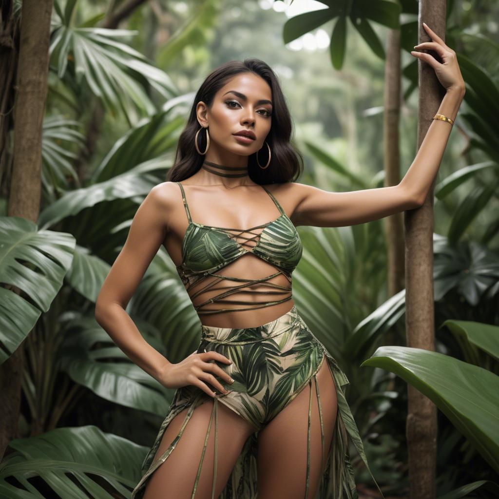 A stunning image of colombian beauty wearing a strappy dance-inspired outfit framed by tropical vegetation.