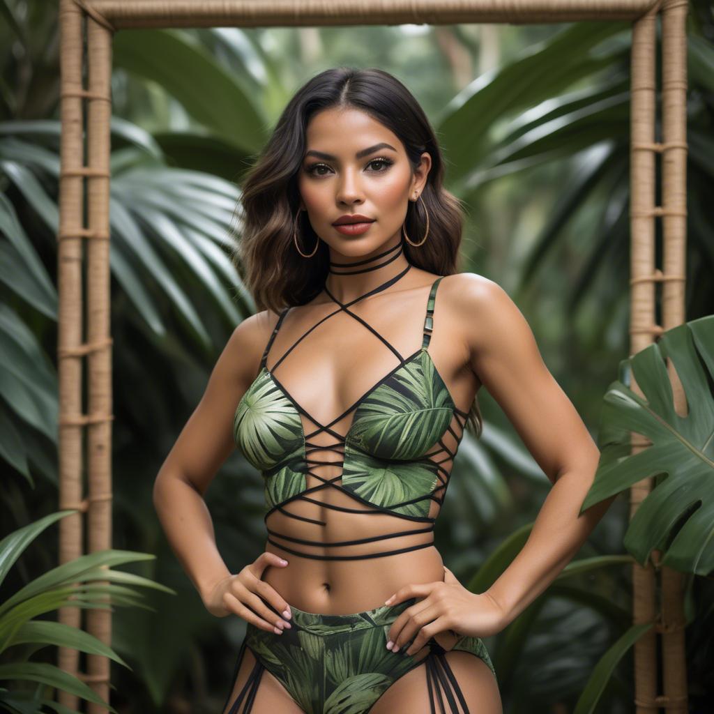 A stunning image of colombian beauty wearing a strappy dance-inspired outfit framed by tropical vegetation.