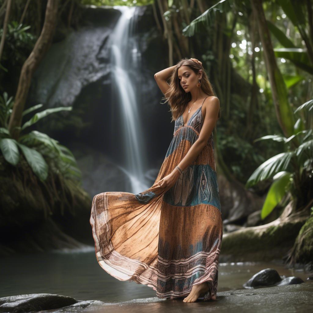 A stunning image of costa rican model sporting a flowing bohemian maxi dress reflecting pura vida spirit.