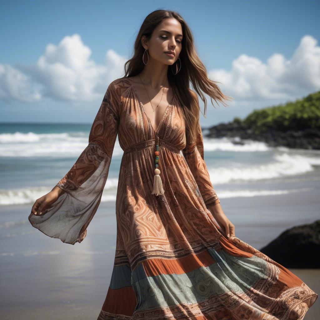 A stunning image of costa rican model sporting a flowing bohemian maxi dress reflecting pura vida spirit.