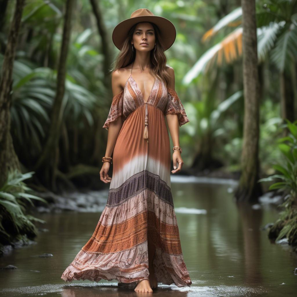 A stunning image of costa rican model sporting a flowing bohemian maxi dress reflecting pura vida spirit.