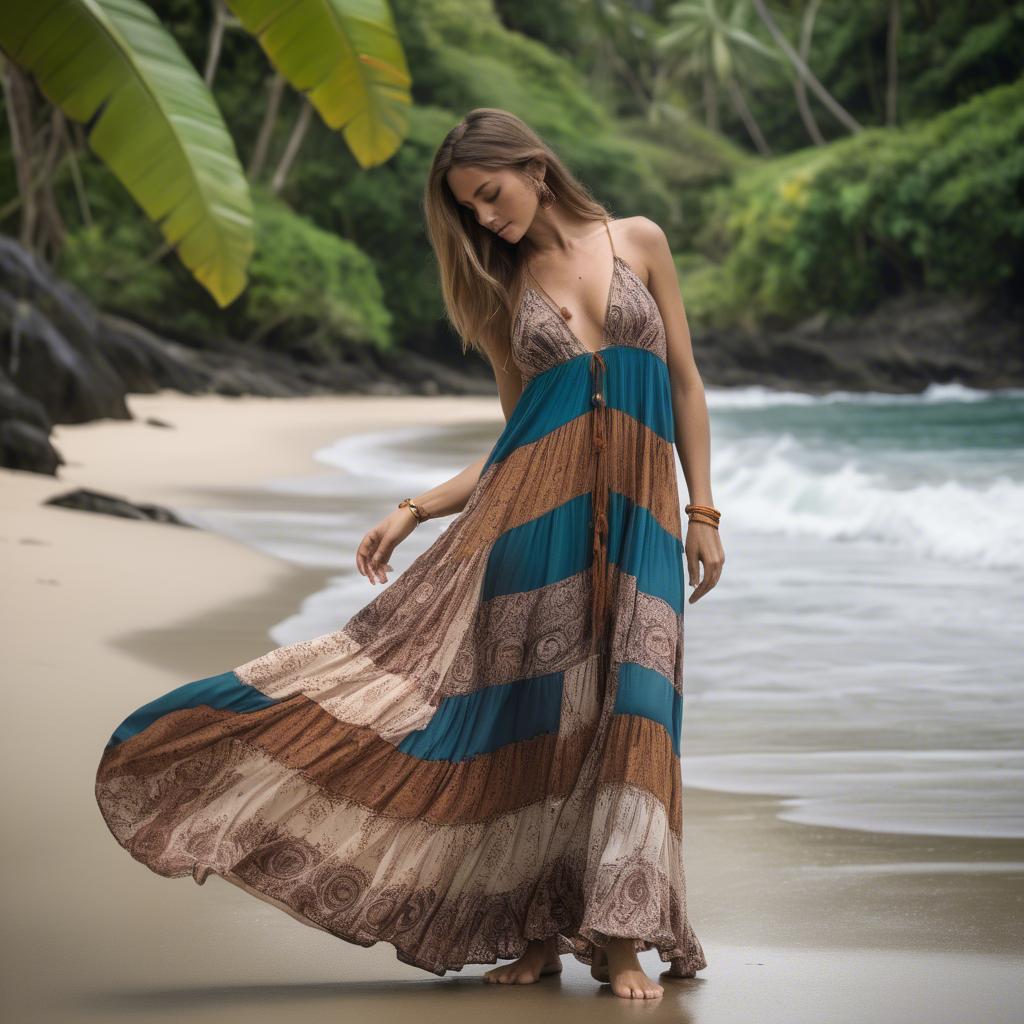 A stunning image of costa rican model sporting a flowing bohemian maxi dress reflecting pura vida spirit.