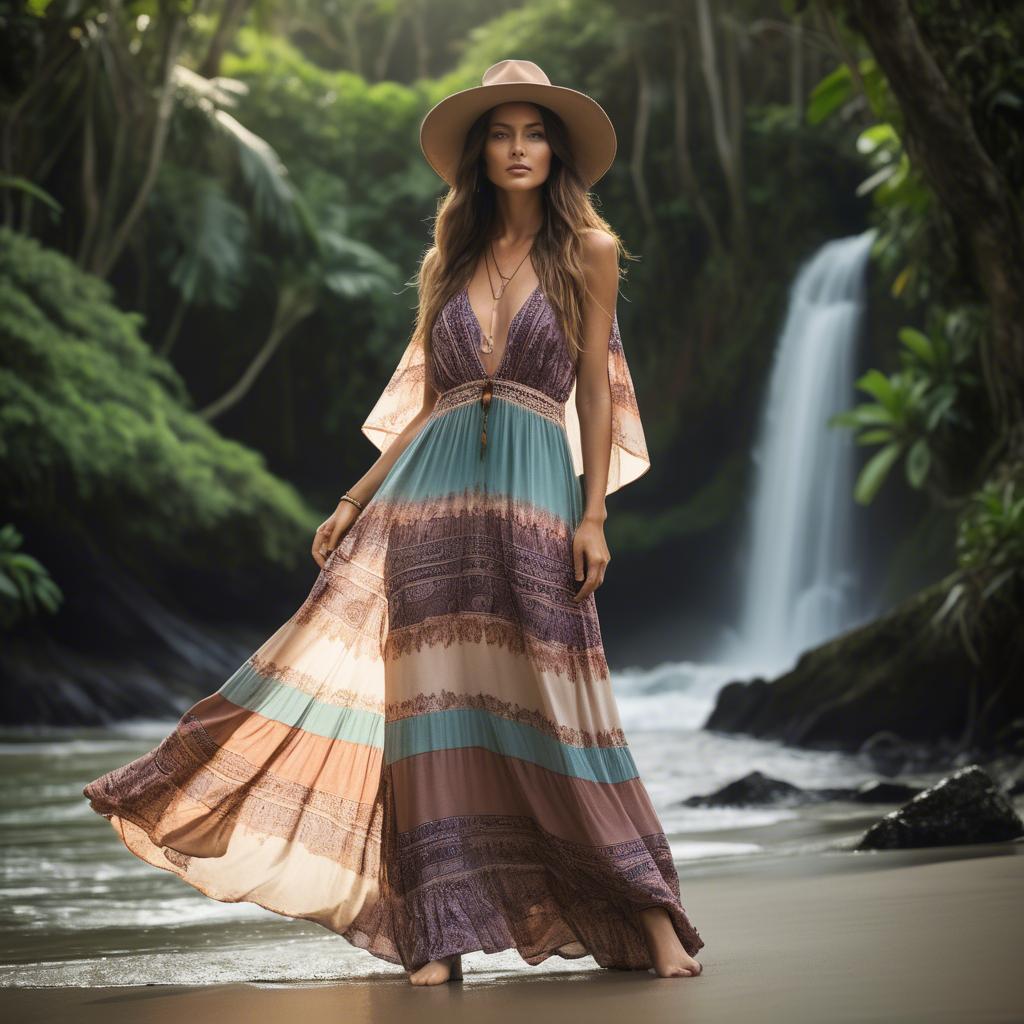A stunning image of costa rican model sporting a flowing bohemian maxi dress reflecting pura vida spirit.