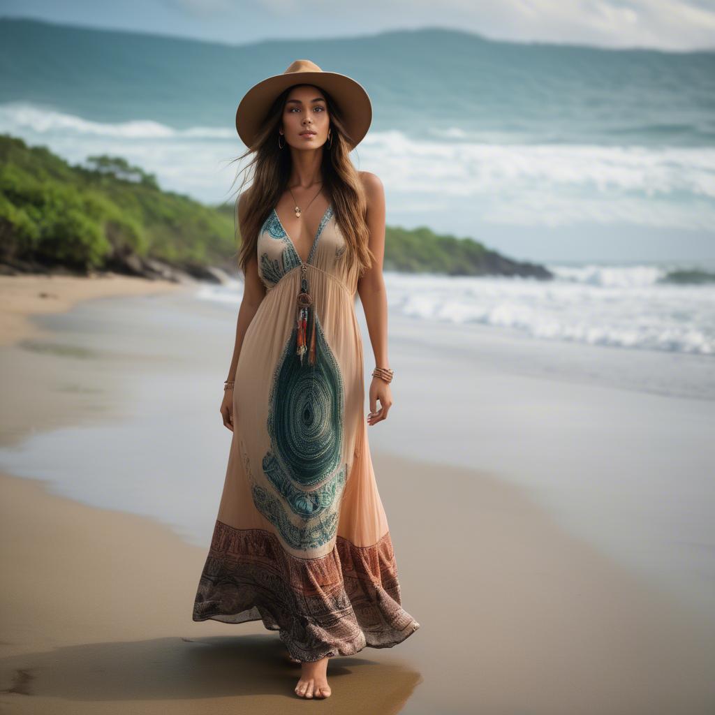 A stunning image of costa rican model sporting a flowing bohemian maxi dress reflecting pura vida spirit.