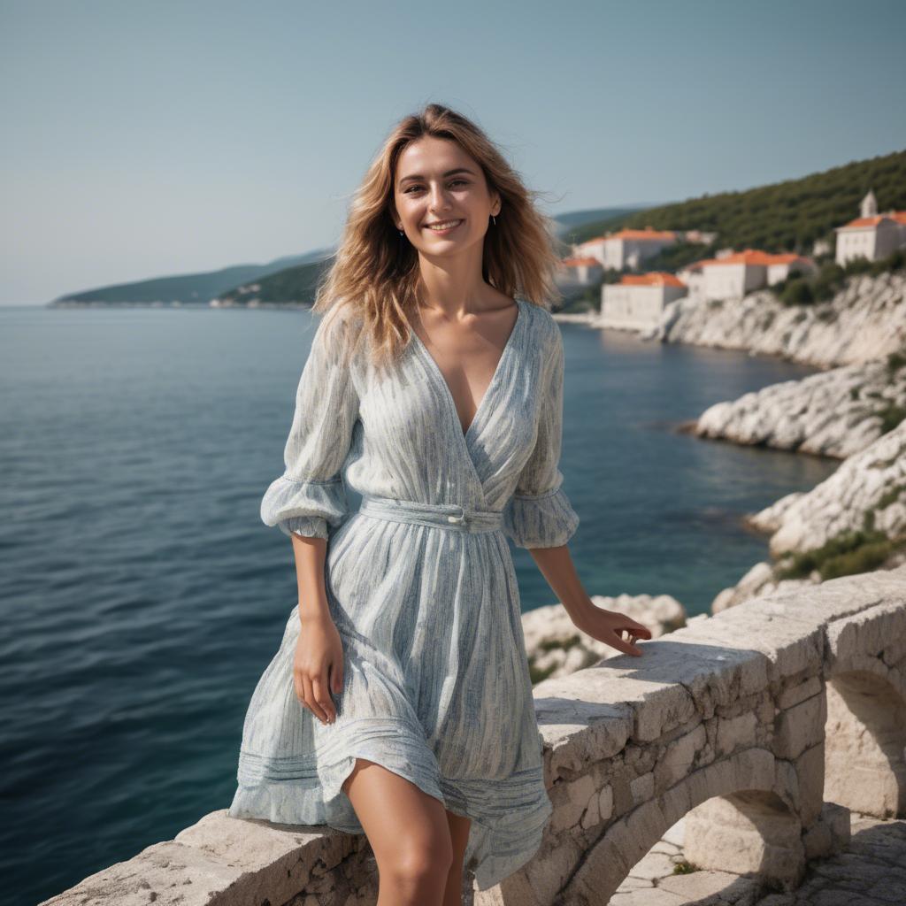 A stunning image of croatian muse wearing breezy coastal attire beaming beside the adriatic sea.
