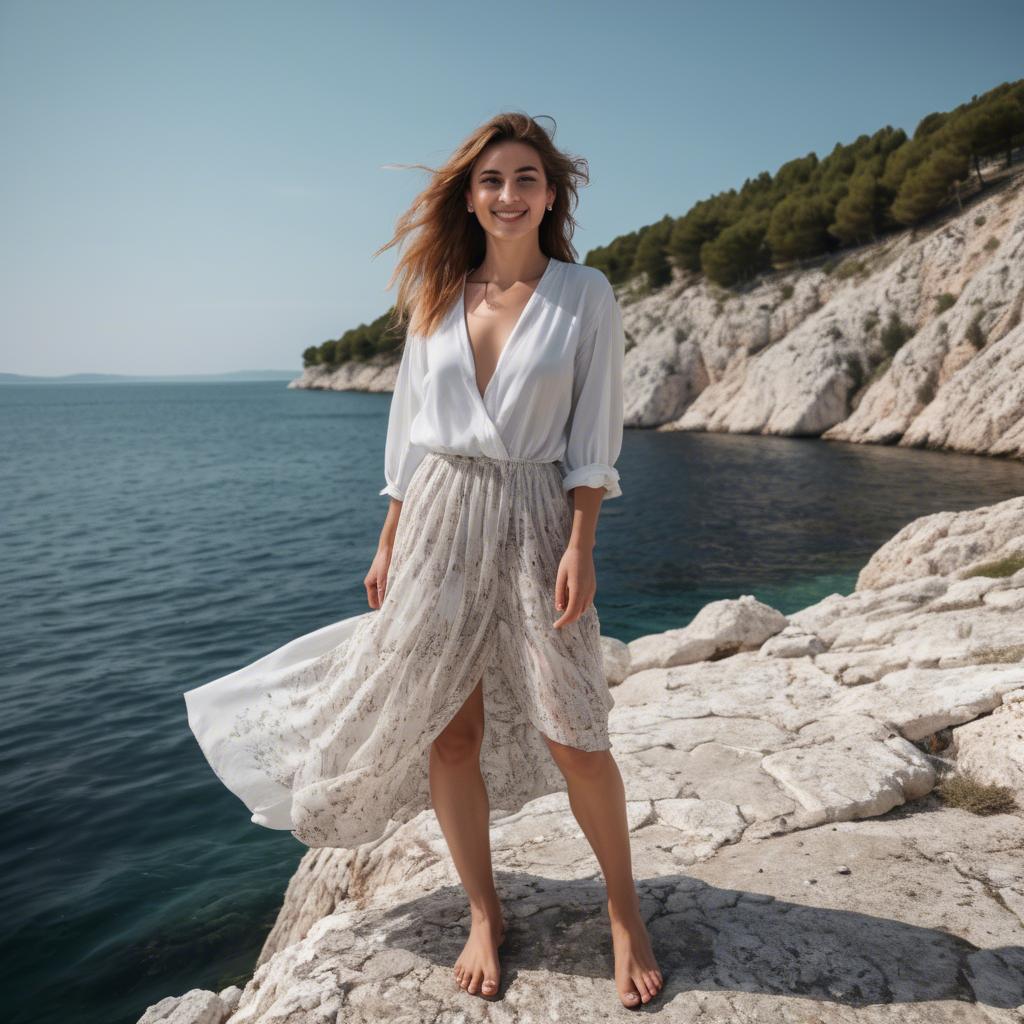 A stunning image of croatian muse wearing breezy coastal attire beaming beside the adriatic sea.