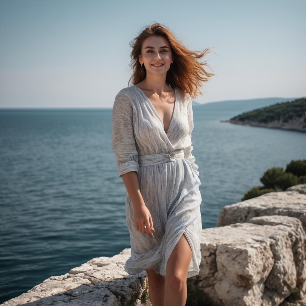 A stunning image of croatian muse wearing breezy coastal attire beaming beside the adriatic sea.