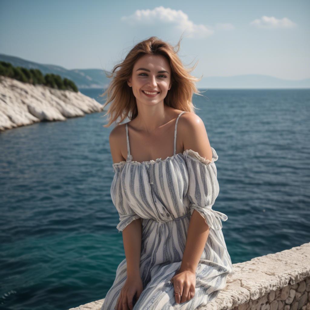 A stunning image of croatian muse wearing breezy coastal attire beaming beside the adriatic sea.