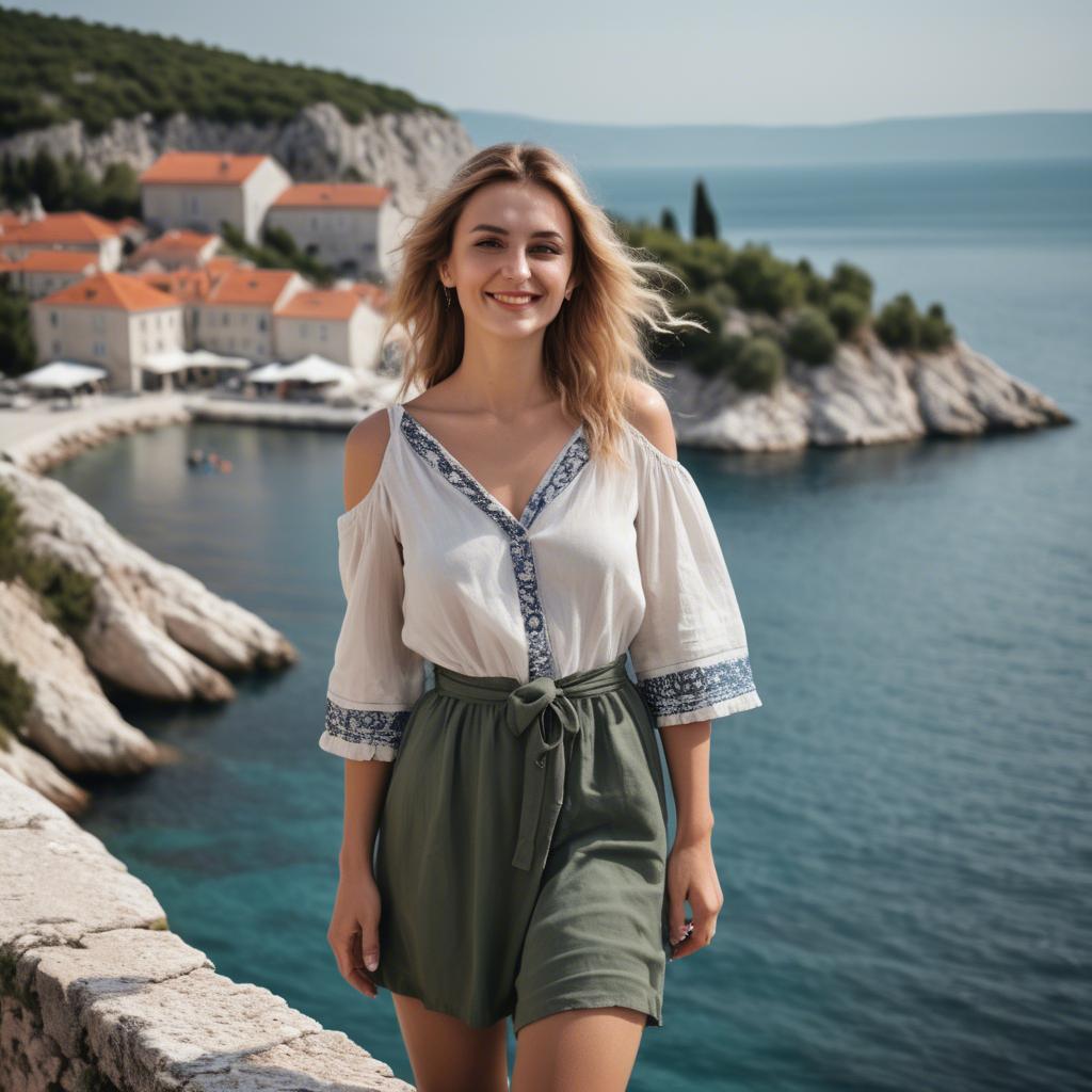A stunning image of croatian muse wearing breezy coastal attire beaming beside the adriatic sea.