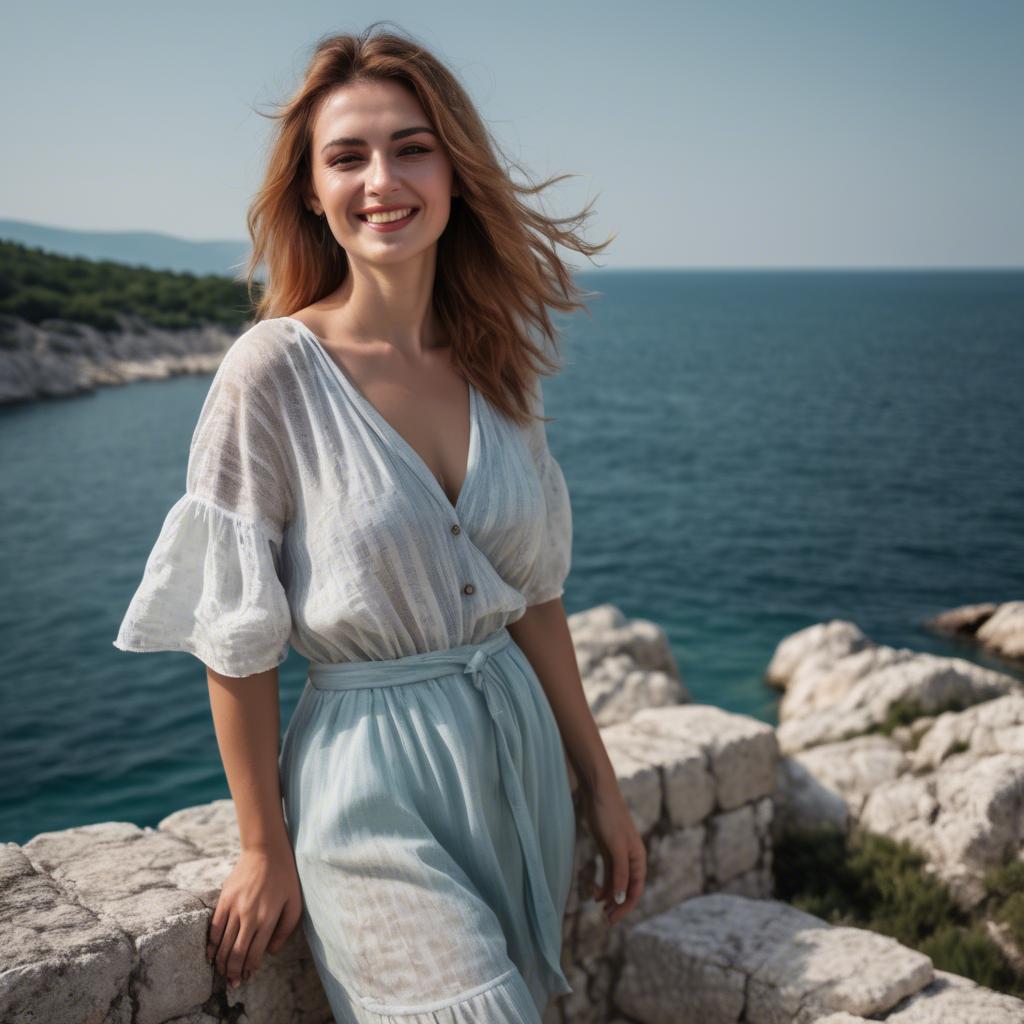 A stunning image of croatian muse wearing breezy coastal attire beaming beside the adriatic sea.