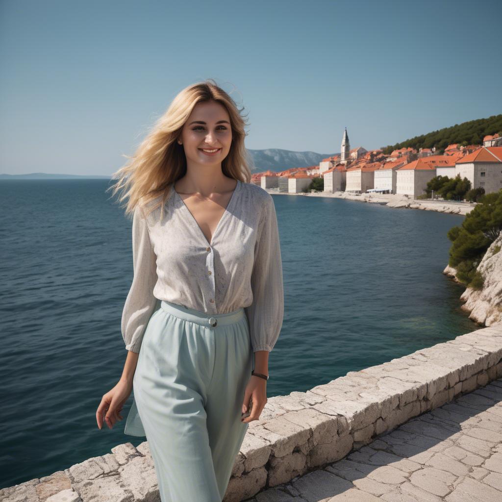 A stunning image of croatian muse wearing breezy coastal attire beaming beside the adriatic sea.