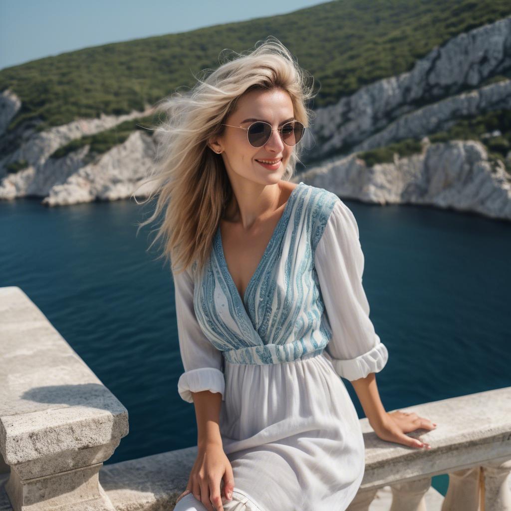 A stunning image of croatian muse wearing breezy coastal attire beaming beside the adriatic sea.