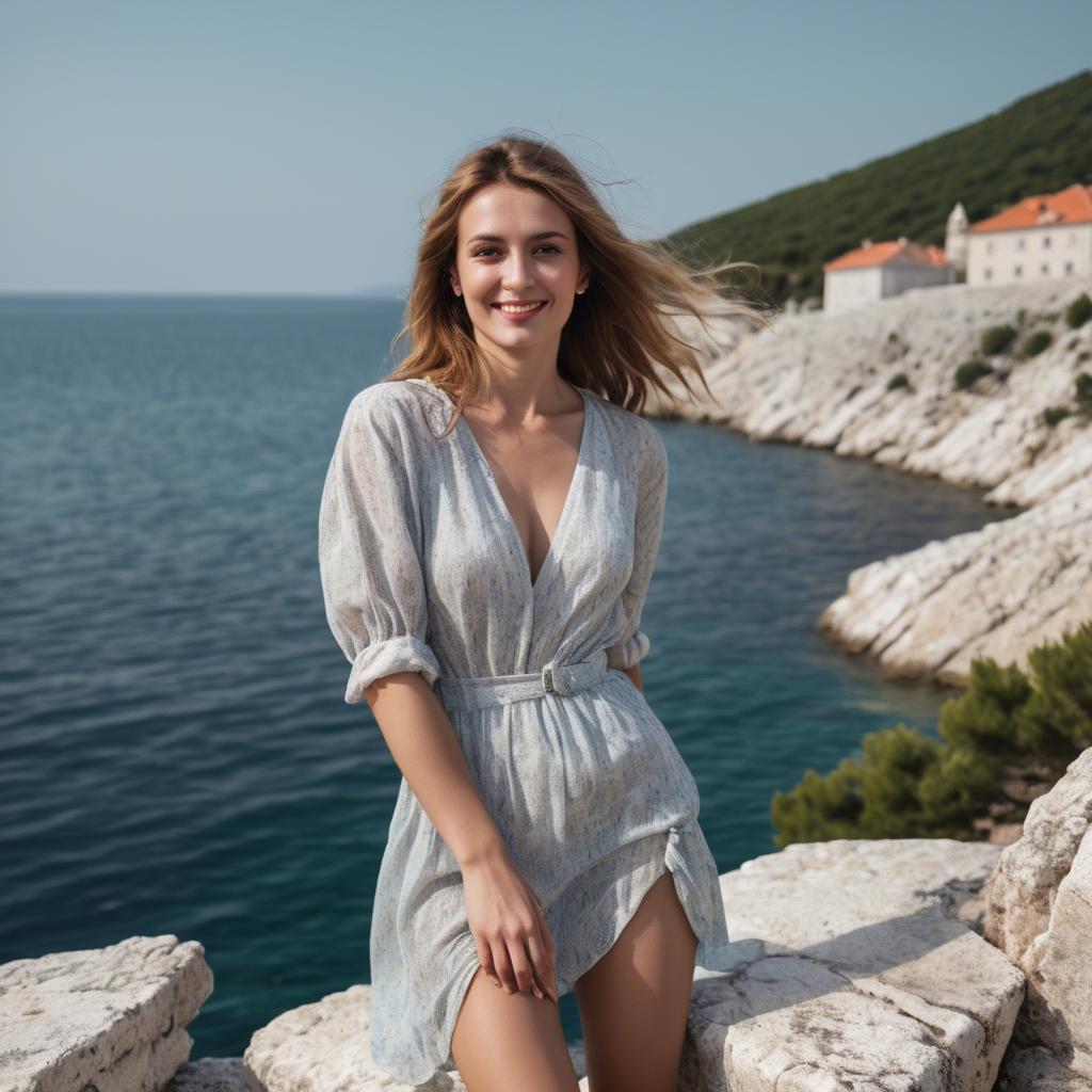 A stunning image of croatian muse wearing breezy coastal attire beaming beside the adriatic sea.