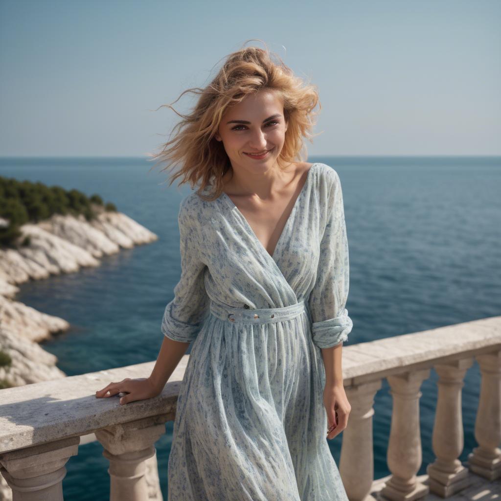 A stunning image of croatian muse wearing breezy coastal attire beaming beside the adriatic sea.