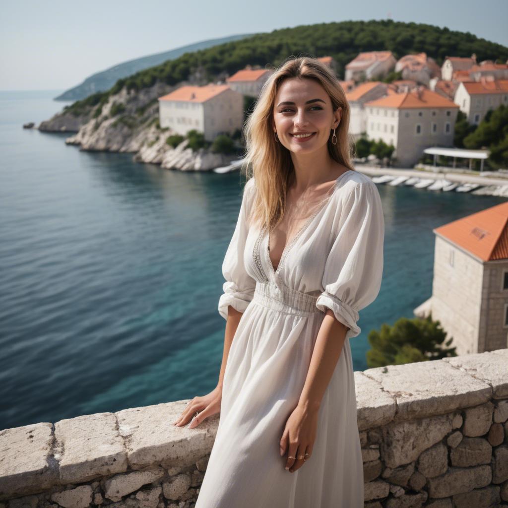 A stunning image of croatian muse wearing breezy coastal attire beaming beside the adriatic sea.