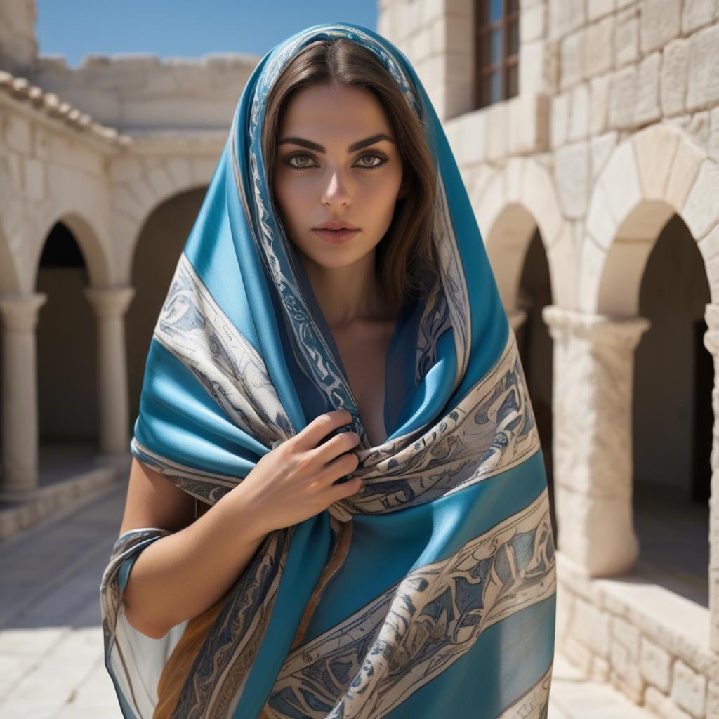 A stunning image of cypriot enchantress wrapped in fine silk scarves reflecting ancient mediterranean mystique.