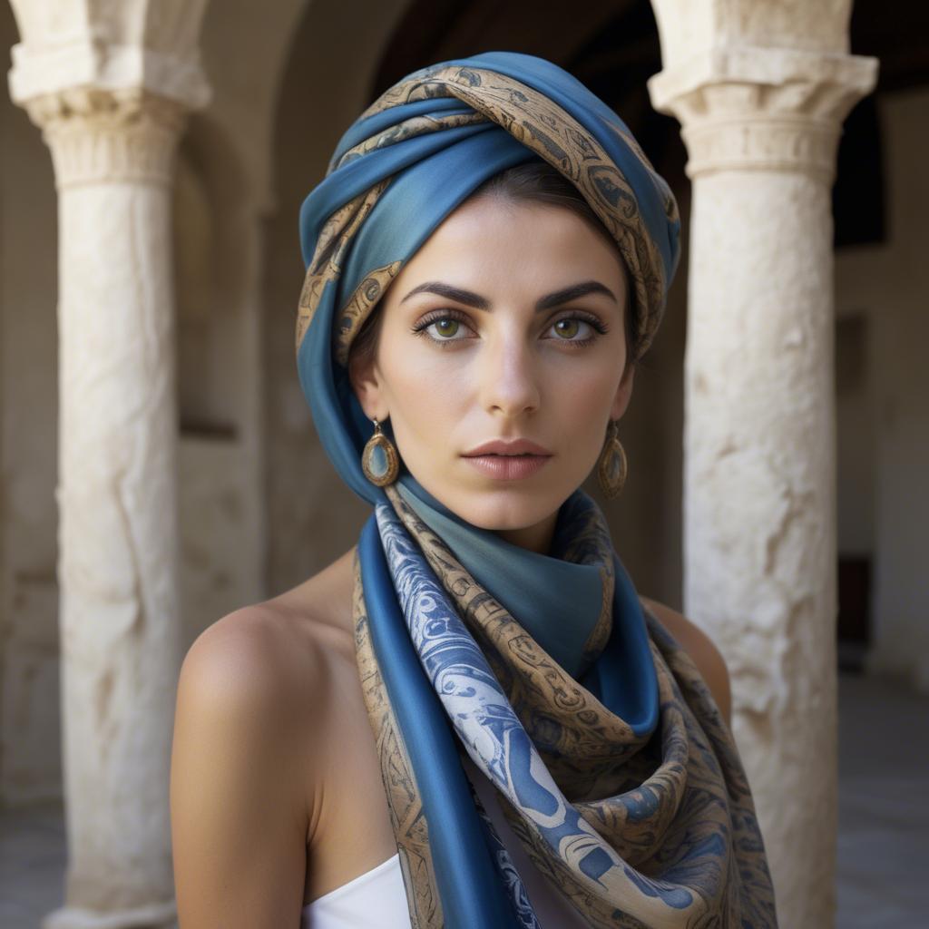 A stunning image of cypriot enchantress wrapped in fine silk scarves reflecting ancient mediterranean mystique.
