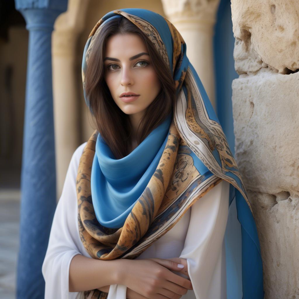 A stunning image of cypriot enchantress wrapped in fine silk scarves reflecting ancient mediterranean mystique.
