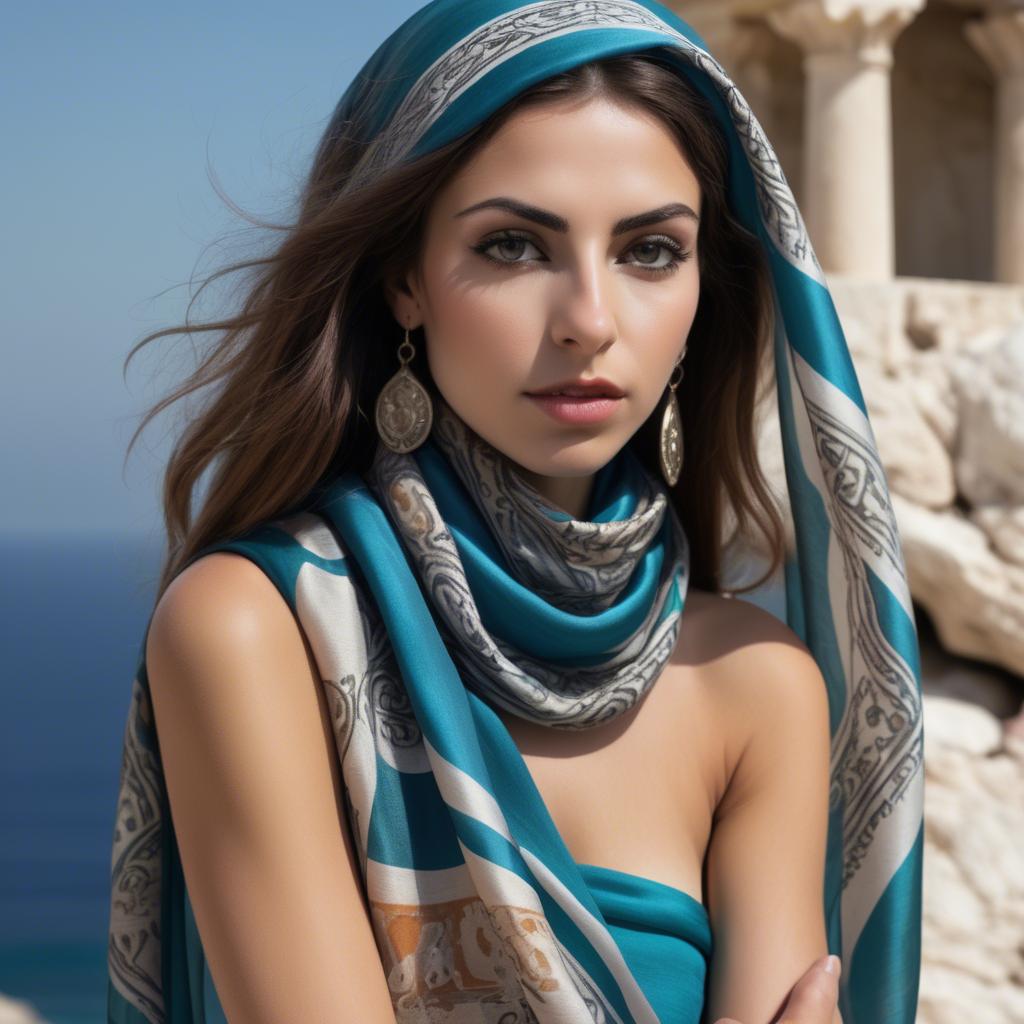 A stunning image of cypriot enchantress wrapped in fine silk scarves reflecting ancient mediterranean mystique.