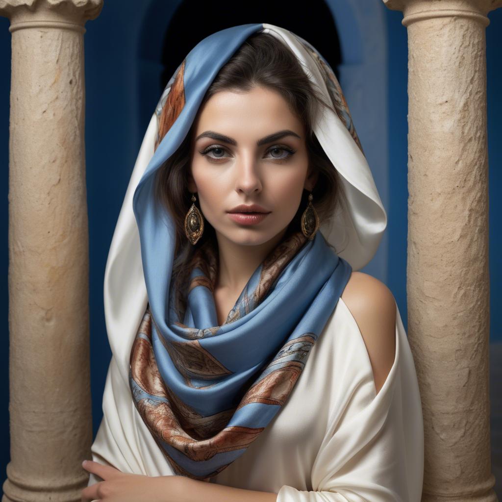 A stunning image of cypriot enchantress wrapped in fine silk scarves reflecting ancient mediterranean mystique.