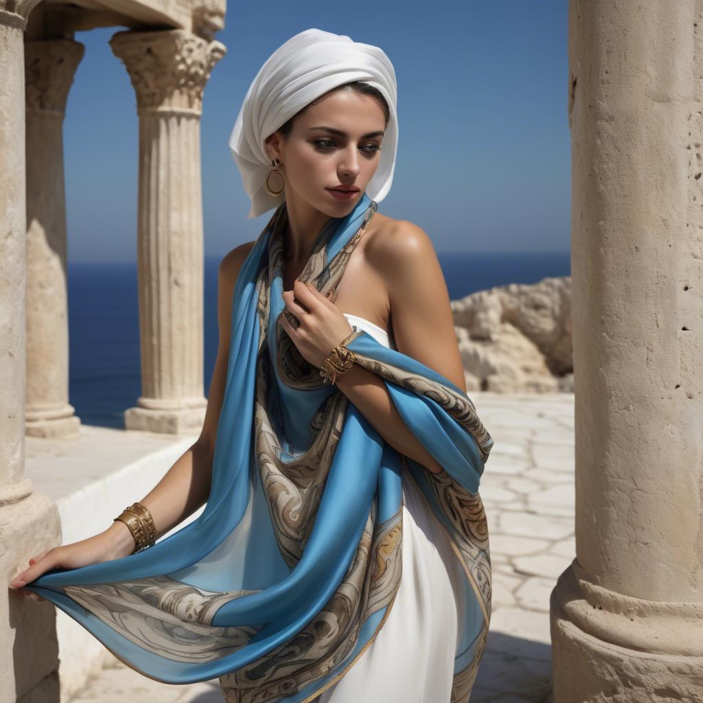 A stunning image of cypriot enchantress wrapped in fine silk scarves reflecting ancient mediterranean mystique.