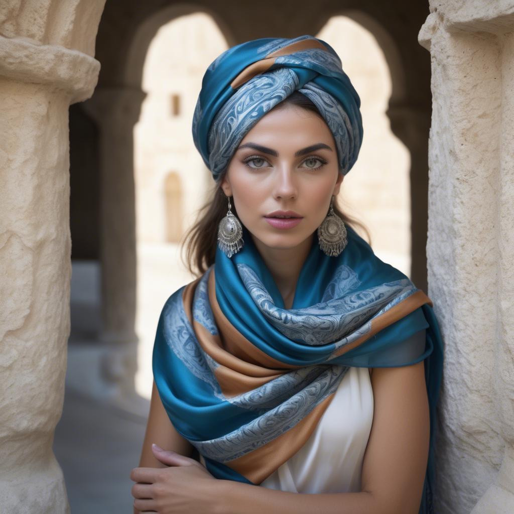 A stunning image of cypriot enchantress wrapped in fine silk scarves reflecting ancient mediterranean mystique.