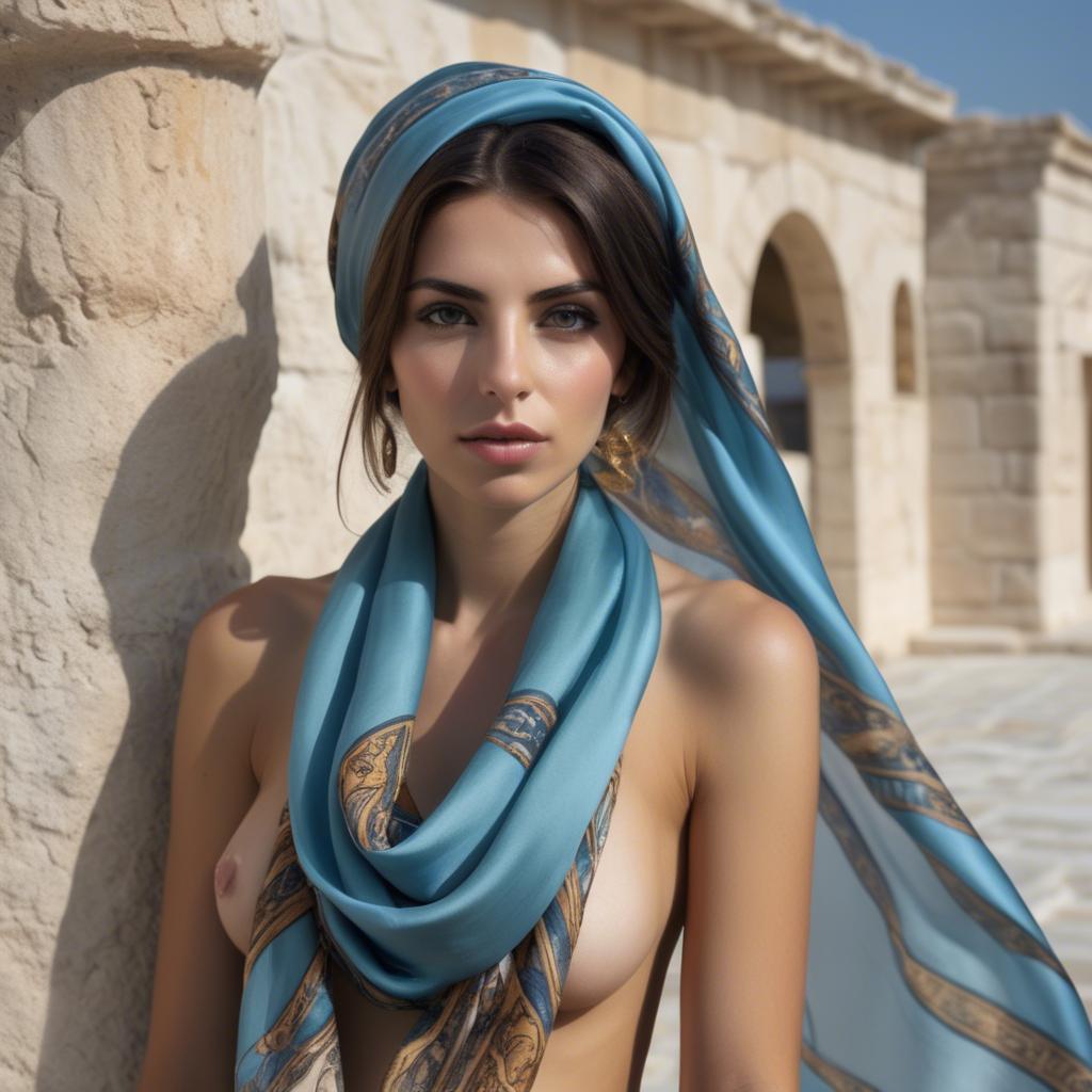 A stunning image of cypriot enchantress wrapped in fine silk scarves reflecting ancient mediterranean mystique.