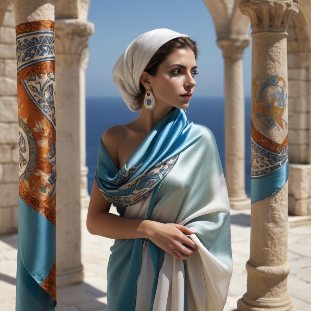 A stunning image of cypriot enchantress wrapped in fine silk scarves reflecting ancient mediterranean mystique.