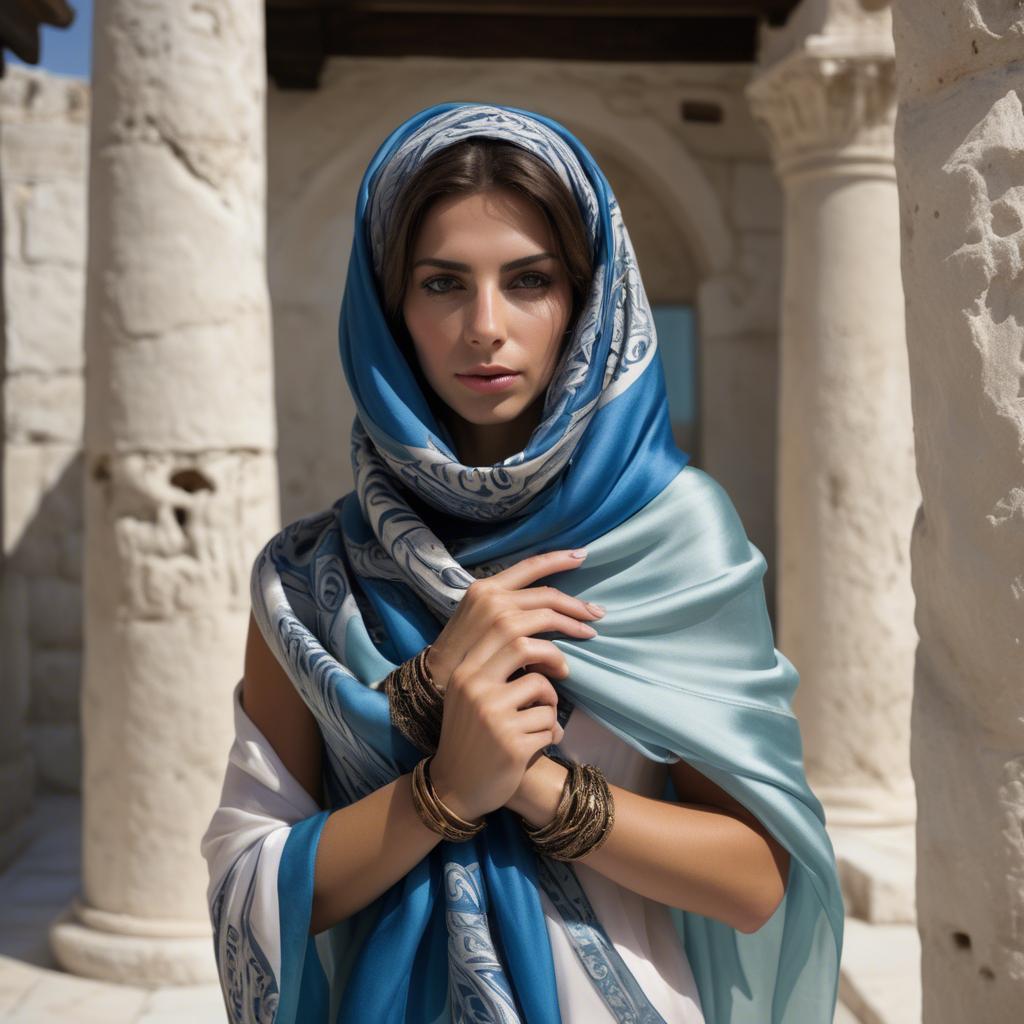 A stunning image of cypriot enchantress wrapped in fine silk scarves reflecting ancient mediterranean mystique.