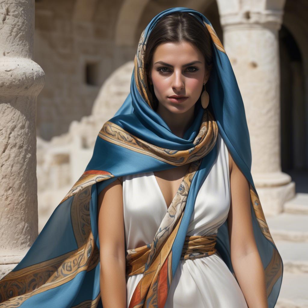 A stunning image of cypriot enchantress wrapped in fine silk scarves reflecting ancient mediterranean mystique.