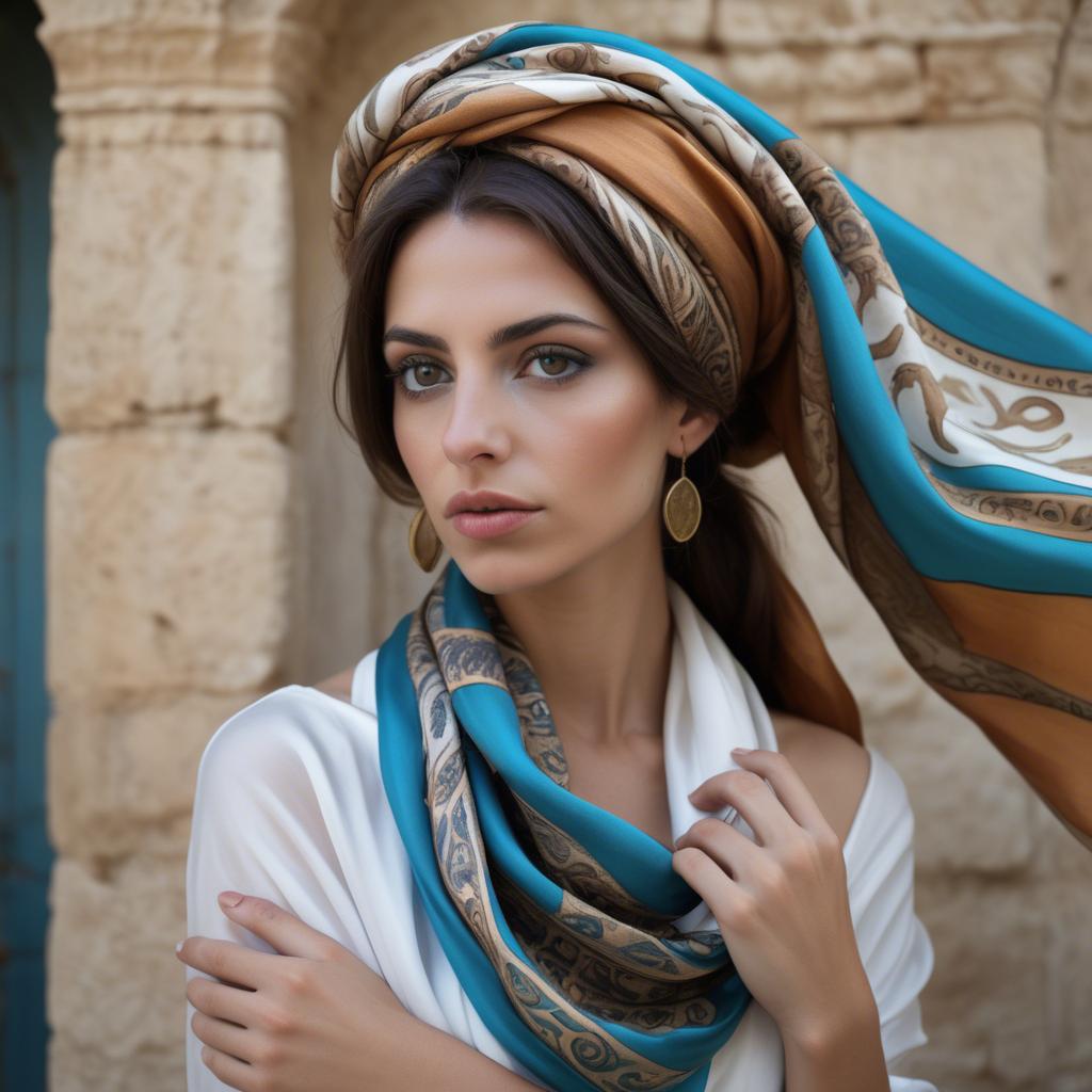 A stunning image of cypriot enchantress wrapped in fine silk scarves reflecting ancient mediterranean mystique.