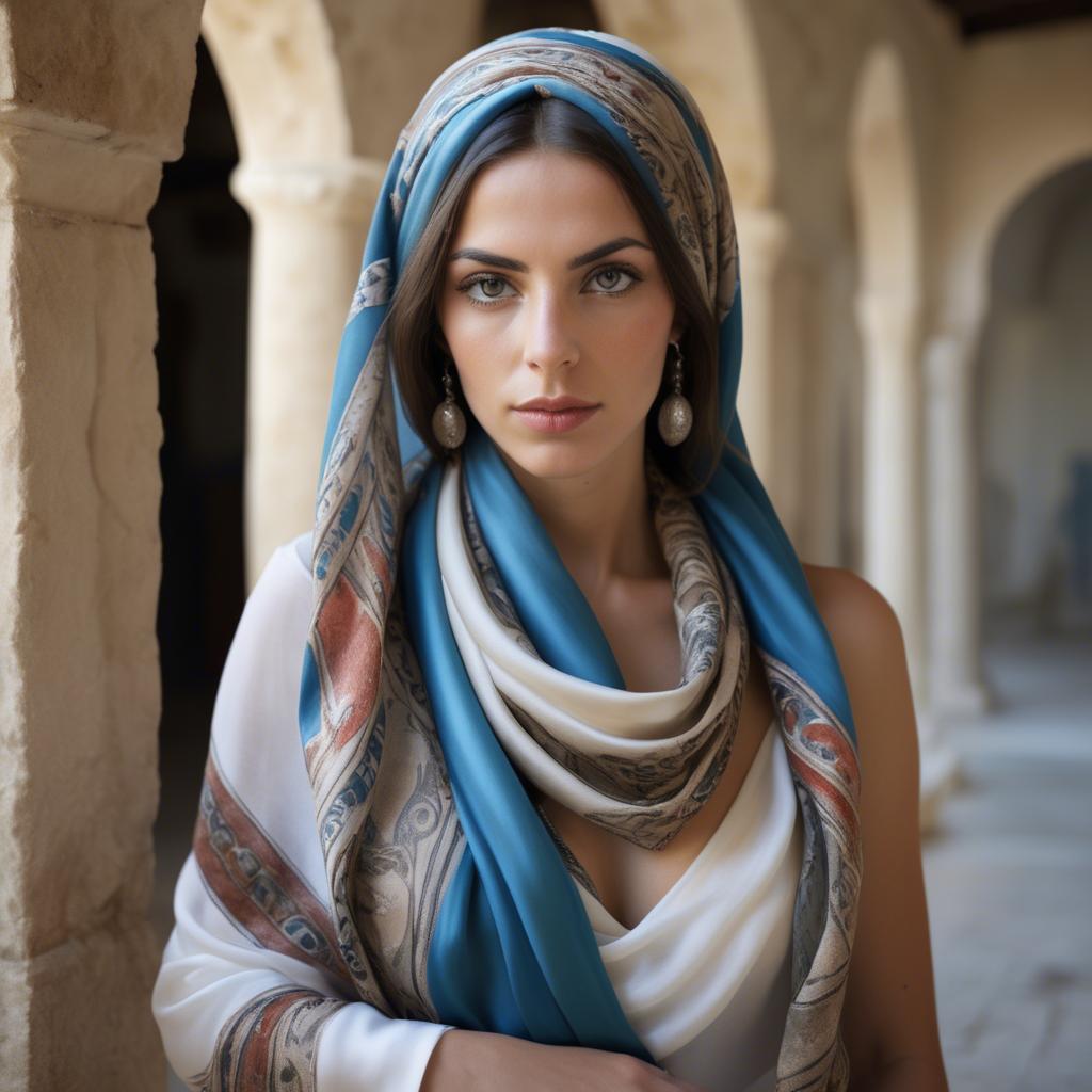 A stunning image of cypriot enchantress wrapped in fine silk scarves reflecting ancient mediterranean mystique.