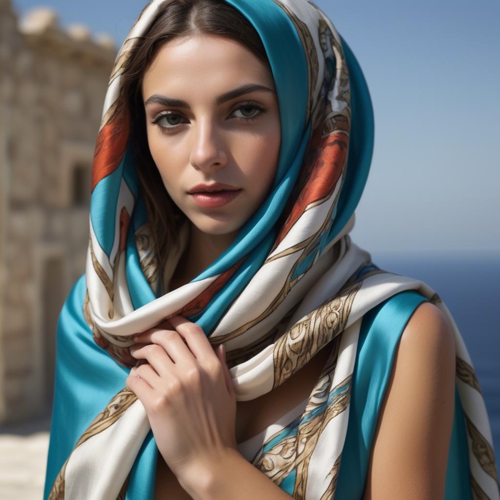 A stunning image of cypriot enchantress wrapped in fine silk scarves reflecting ancient mediterranean mystique.