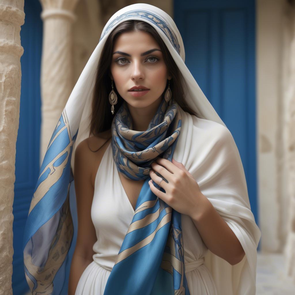 A stunning image of cypriot enchantress wrapped in fine silk scarves reflecting ancient mediterranean mystique.