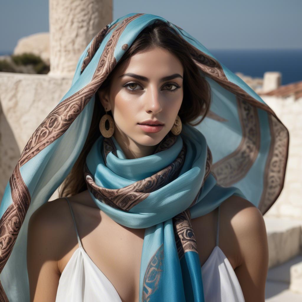 A stunning image of cypriot enchantress wrapped in fine silk scarves reflecting ancient mediterranean mystique.