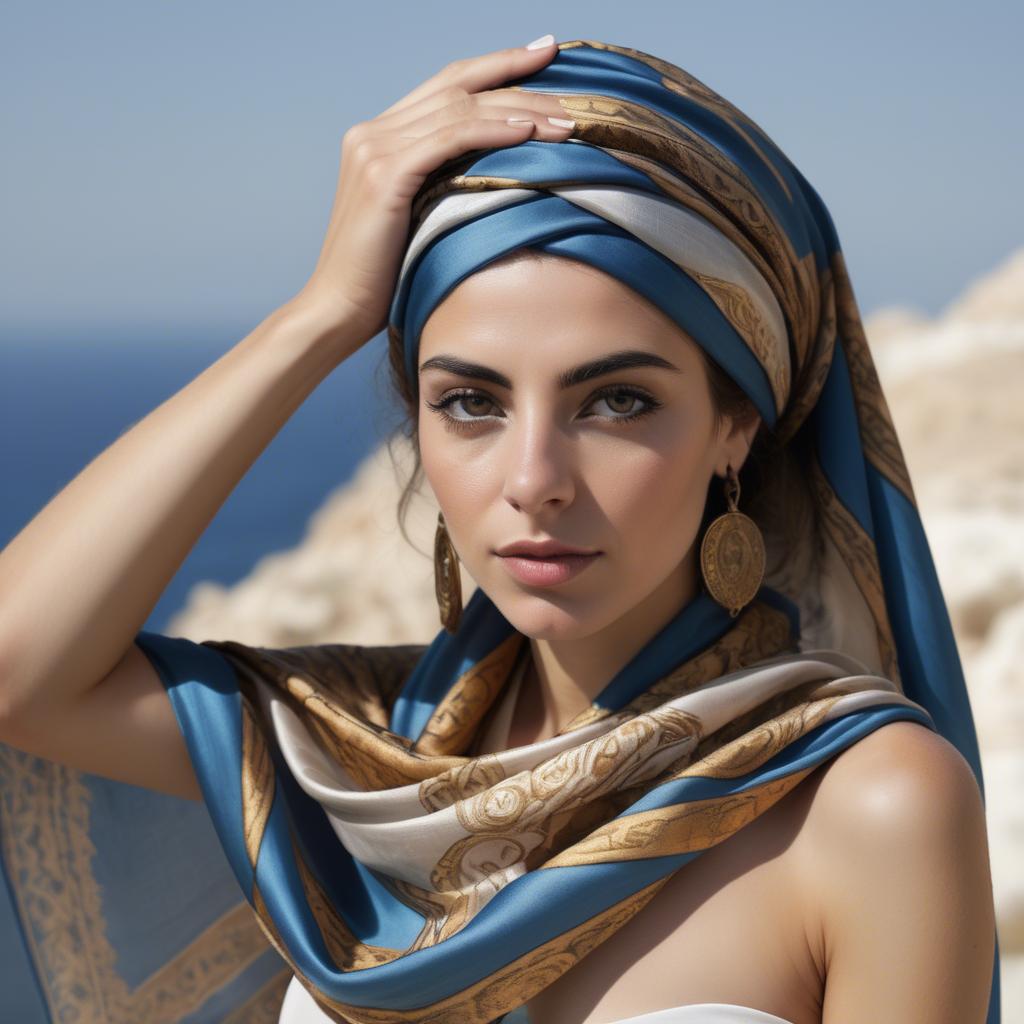 A stunning image of cypriot enchantress wrapped in fine silk scarves reflecting ancient mediterranean mystique.