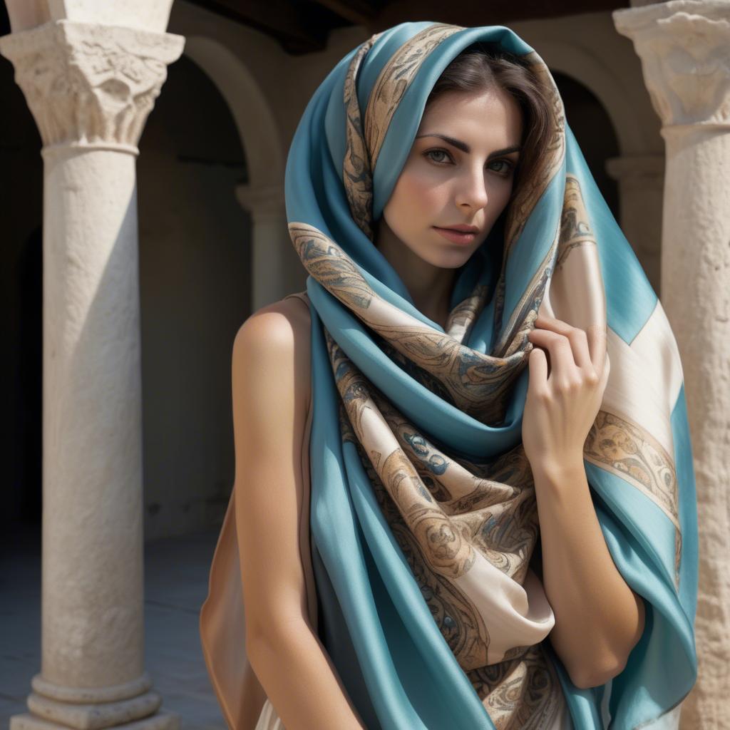 A stunning image of cypriot enchantress wrapped in fine silk scarves reflecting ancient mediterranean mystique.