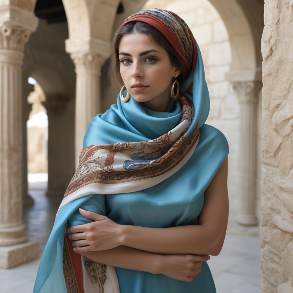 A stunning image of cypriot enchantress wrapped in fine silk scarves reflecting ancient mediterranean mystique.