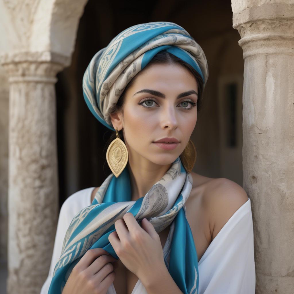 A stunning image of cypriot enchantress wrapped in fine silk scarves reflecting ancient mediterranean mystique.