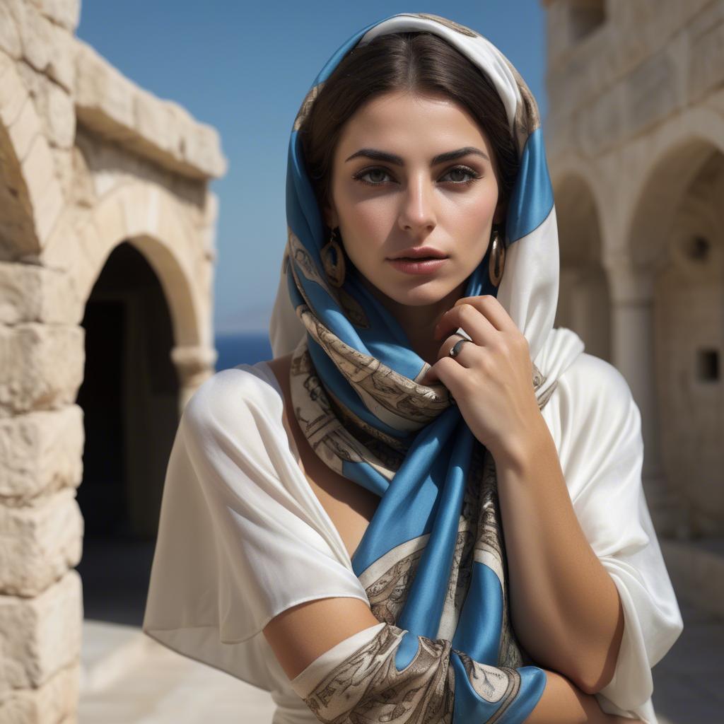 A stunning image of cypriot enchantress wrapped in fine silk scarves reflecting ancient mediterranean mystique.