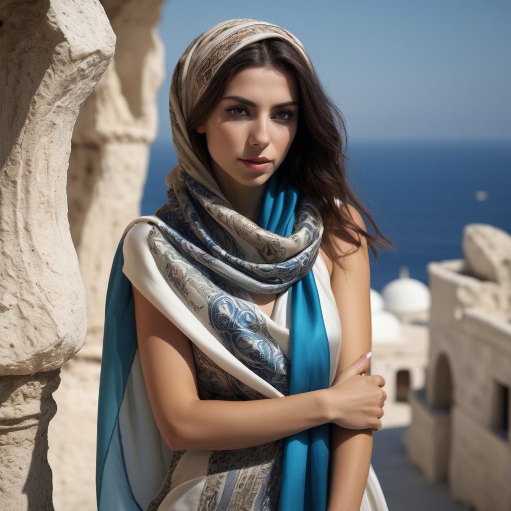 A stunning image of cypriot enchantress wrapped in fine silk scarves reflecting ancient mediterranean mystique.