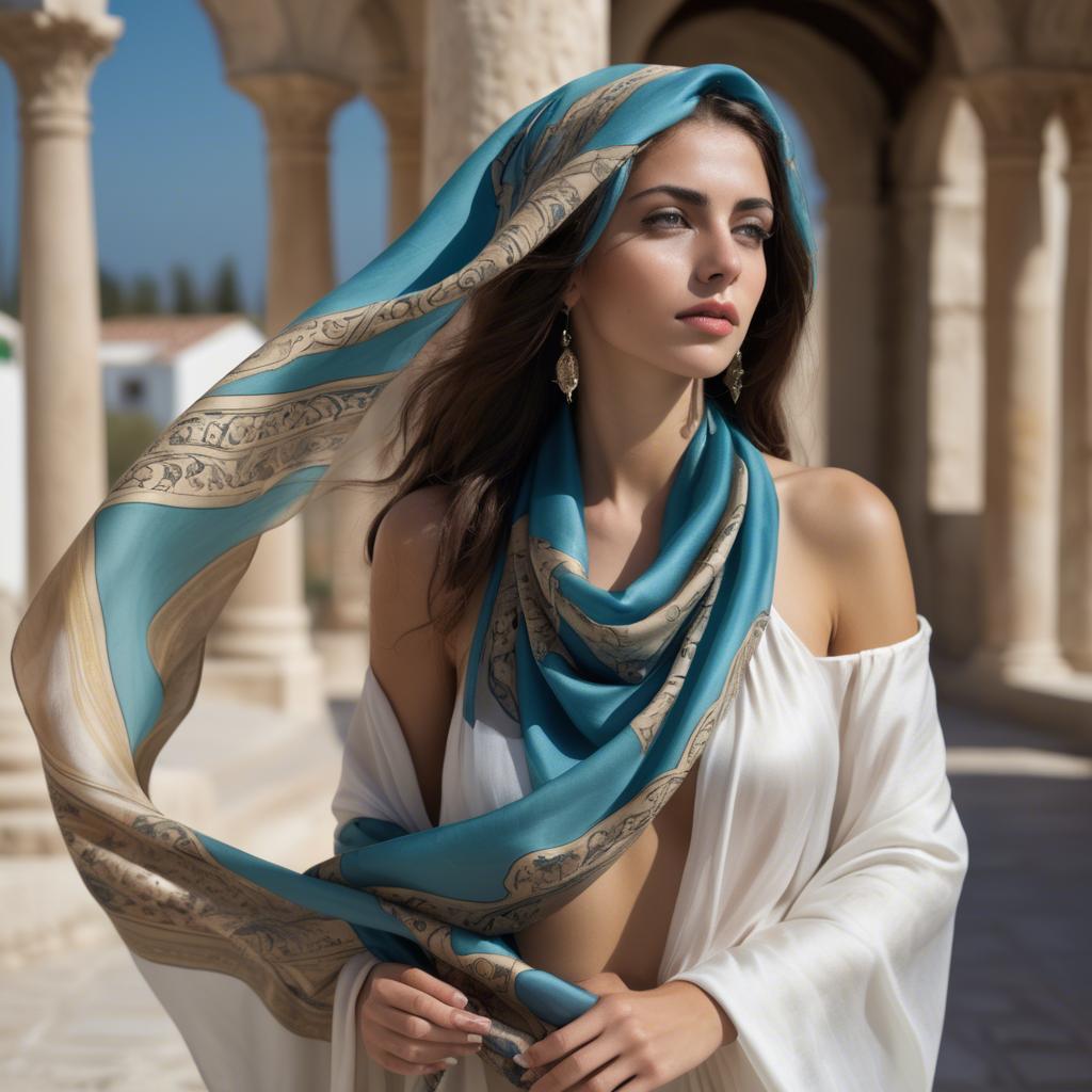 A stunning image of cypriot enchantress wrapped in fine silk scarves reflecting ancient mediterranean mystique.